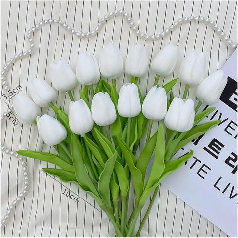18 Pcs White Artificial Tulip Flowers Fake Tulips PU 13.5"" Real Touch Faux Flowers Bouquet for Room Office Table Party Home Kitchen Wedding Decorations in Saudi Arabia