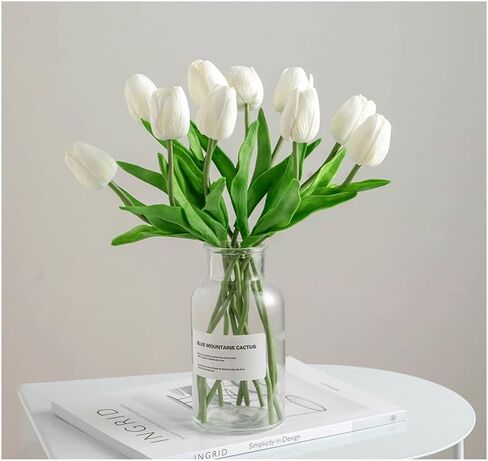 18 Pcs White Artificial Tulip Flowers Fake Tulips PU 13.5"" Real Touch Faux Flowers Bouquet for Room Office Table Party Home Kitchen Wedding Decorations in Saudi Arabia