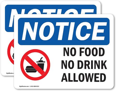 (2 Pack) No Food No Drink Allowed OSHA Notice Sign 10 Inch X 7 Inch Indoor/Outdoor Rust-Free Aluminum Metal Signs for Workplace, Workshop, and Construction Site, Made in the USA in Kuwait