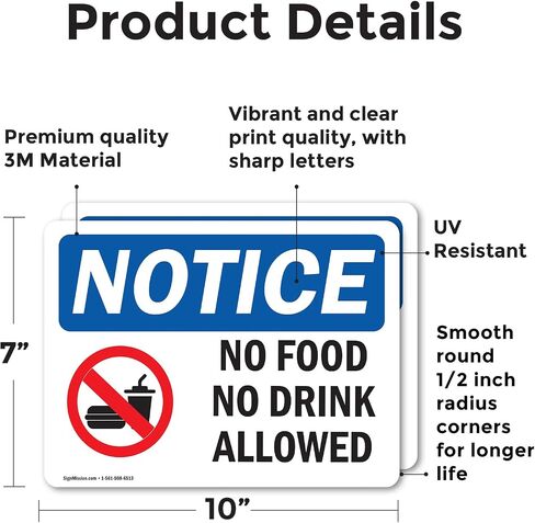 (2 Pack) No Food No Drink Allowed OSHA Notice Sign 10 Inch X 7 Inch Indoor/Outdoor Rust-Free Aluminum Metal Signs for Workplace, Workshop, and Construction Site, Made in the USA in Kuwait