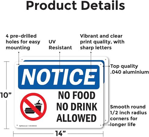 (2 Pack) No Food No Drink Allowed OSHA Notice Sign 10 Inch X 7 Inch Indoor/Outdoor Rust-Free Aluminum Metal Signs for Workplace, Workshop, and Construction Site, Made in the USA in Kuwait