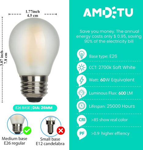 AMDTU E26 Globe Light Bulbs, Frosted G16.5 Edison Light Bulb Led 60 watt 600lm 2700k Soft White,Dimmable Vintage Warm Chandelier Light Bulbs for Bathroom,Vanity,Living Room,Scentsy Light Bulb 6 Pack in Saudi Arabia