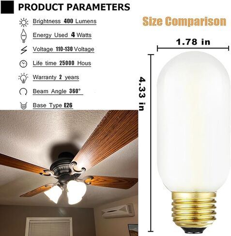 Leools E26 LED Bulb 4W Equivalent e26 led Bulb 40 Watt Dimmable Warm White 2700K E26 Frosted Edison Bulb AC120V 400lm Tubular T14 T45 LED Bulb for Pendant, Sputnik,Vanity,Chandeliers Pack of 6 in Kuwait