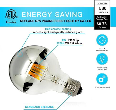 LUXON Half Chrome Light Dimmable,LED Filament Vintage Bulb with Mirror 6W (60W Equivalent) G80/G25 E26 Medium Base Warm White 2700K, 2 Pack in Saudi Arabia