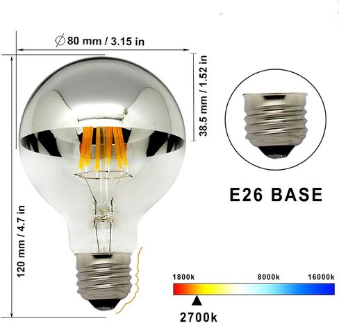 LUXON Half Chrome Light Dimmable,LED Filament Vintage Bulb with Mirror 6W (60W Equivalent) G80/G25 E26 Medium Base Warm White 2700K, 2 Pack in Saudi Arabia