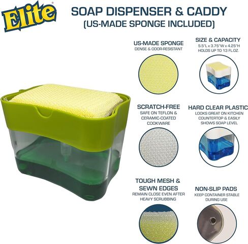 Elite Buddy Dish Soap Dispenser and Sponge Holder for Kitchen Sink Countertop, Includes Made in USA Non Scratch Sponge Scrubber, Black in Saudi Arabia
