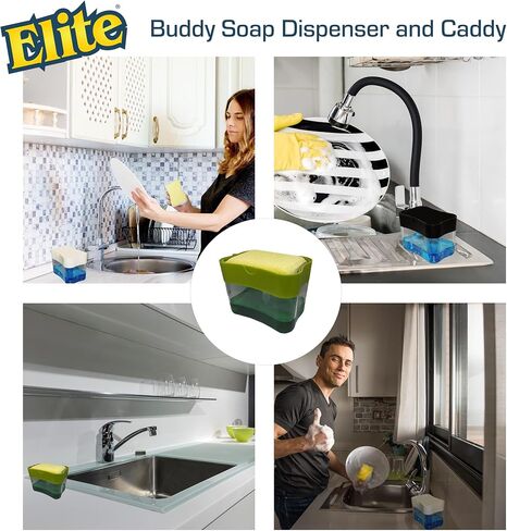 Elite Buddy Dish Soap Dispenser and Sponge Holder for Kitchen Sink Countertop, Includes Made in USA Non Scratch Sponge Scrubber, Black in Saudi Arabia