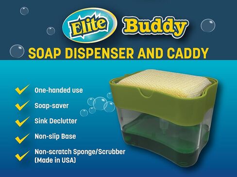 Elite Buddy Dish Soap Dispenser and Sponge Holder for Kitchen Sink Countertop, Includes Made in USA Non Scratch Sponge Scrubber, Black in Saudi Arabia