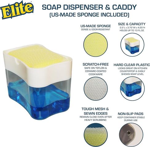 Elite Buddy Dish Soap Dispenser and Sponge Holder for Kitchen Sink Countertop, Includes Made in USA Non Scratch Sponge Scrubber, Black in Saudi Arabia