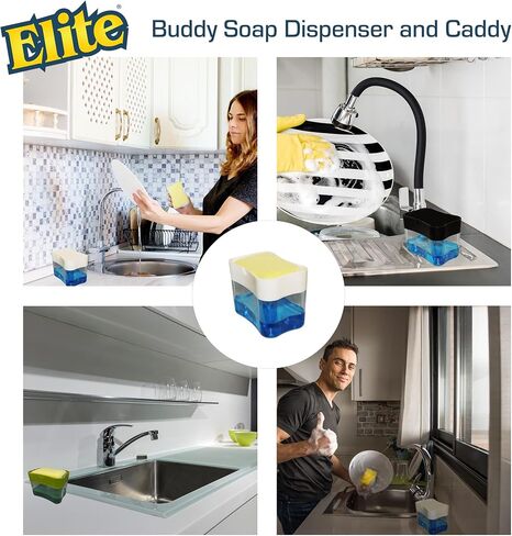 Elite Buddy Dish Soap Dispenser and Sponge Holder for Kitchen Sink Countertop, Includes Made in USA Non Scratch Sponge Scrubber, Black in Saudi Arabia