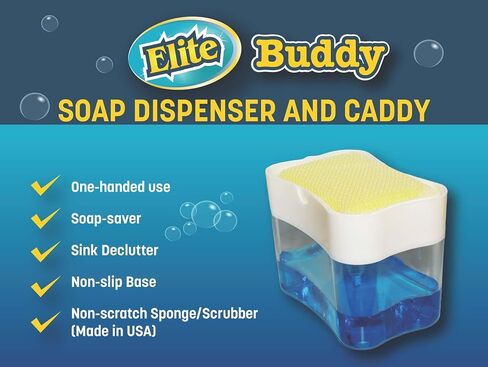 Elite Buddy Dish Soap Dispenser and Sponge Holder for Kitchen Sink Countertop, Includes Made in USA Non Scratch Sponge Scrubber, Black in Saudi Arabia