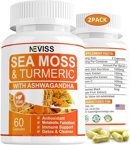 عبوتين من كبسولات طحالب البحر العضوية الخالية من السكر، مع الكركم، والأشواغاندا، وفيتامين C، وحبوب طحلب البحر، وجل طحلب البحر، 60 * 2 قيراط in Kuwait