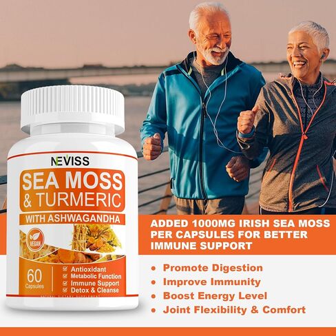 عبوتين من كبسولات طحالب البحر العضوية الخالية من السكر، مع الكركم، والأشواغاندا، وفيتامين C، وحبوب طحلب البحر، وجل طحلب البحر، 60 * 2 قيراط in Kuwait