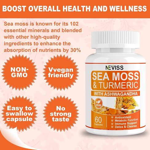 عبوتين من كبسولات طحالب البحر العضوية الخالية من السكر، مع الكركم، والأشواغاندا، وفيتامين C، وحبوب طحلب البحر، وجل طحلب البحر، 60 * 2 قيراط in Kuwait