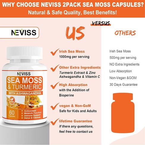 عبوتين من كبسولات طحالب البحر العضوية الخالية من السكر، مع الكركم، والأشواغاندا، وفيتامين C، وحبوب طحلب البحر، وجل طحلب البحر، 60 * 2 قيراط in Kuwait