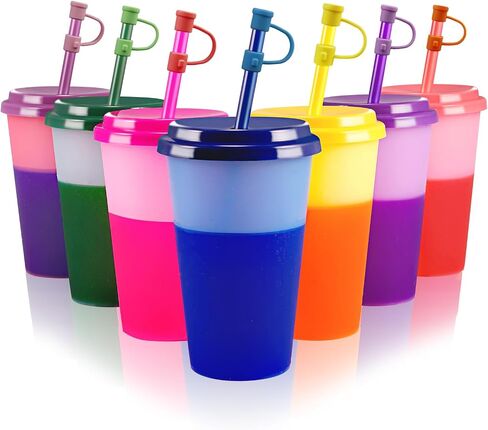 Color Changing Cups Tumblers with Lids & Straws for Kids - 7 Reusable Plastic Bulk Tumblers 12oz Cold Cup Tumbler Set for Kids in Saudi Arabia