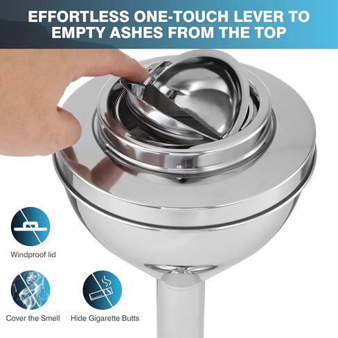 منفضة سجائر واقفة على الأرض من آيرونوولز مع غطاء، منافض سجائر سيجار مقاومة للرياح قابلة للتعديل في الهواء الطلق للفناء المنزلي، صينية رماد فضية من الفولاذ المقاوم للصدأ للتخلص من مؤخرة السجائر in Kuwait