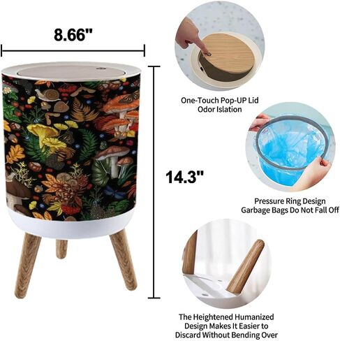 Small Trash Can with Lid for Bathroom Kitchen Office Diaper Seamless mushrooms plants insects berries Fly chanterelles white Bedroom Garbage Trash Bin Dog Proof Waste Basket Cute Decorative in Saudi Arabia