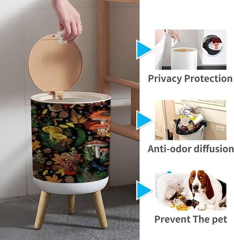 Small Trash Can with Lid for Bathroom Kitchen Office Diaper Seamless mushrooms plants insects berries Fly chanterelles white Bedroom Garbage Trash Bin Dog Proof Waste Basket Cute Decorative in Saudi Arabia