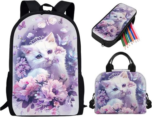 حقيبة كتب مدرسية للقطط للبنات، 3 قطع حقيبة كتب خفيفة الوزن للأطفال مع صندوق غداء مقلمة لطيفة، حقيبة ظهر كبيرة للفتيات للمدرسة الابتدائية والمتوسطة والثانوية، أرجواني in Kuwait