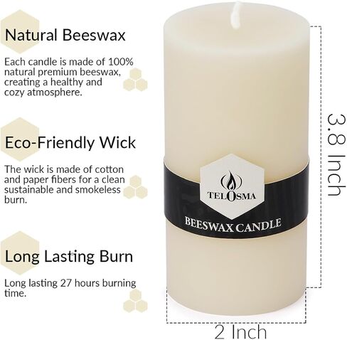 شمعة عمودية من شمع العسل الطبيعي بقطر 5.08 سم، بدون دخان وتدوم طويلاً (22-27 ساعة) شمعة شمع العسل النقي، رائحة العسل الخفيفة، 6 عبوات - أوف وايت in Kuwait