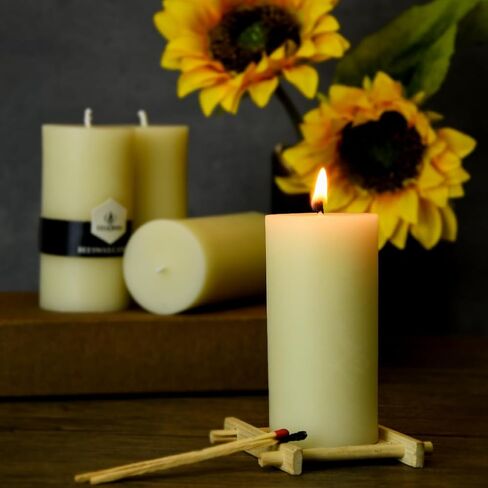 شمعة عمودية من شمع العسل الطبيعي بقطر 5.08 سم، بدون دخان وتدوم طويلاً (22-27 ساعة) شمعة شمع العسل النقي، رائحة العسل الخفيفة، 6 عبوات - أوف وايت in Kuwait