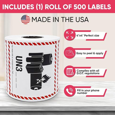 KOVOT - 500 Labels - 4"x4" (Class 9) - UN3480 Lithium Ion Battery - Warning Labels Hazardous Material DOT Dangerous Goods Labels on a Roll D.O.T. Adhesive Stickers | UN3480 in Saudi Arabia