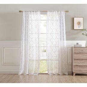 Laura Ashley Berwyn Lattice Sheer Curtains with Rod Pocket, Each Panel Measures 38"W x 84"L, White, 2 Panels