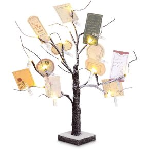 Money Tree Gift Card Holder LED Birch Twig Tree Lights Tabletop Gold Silver Display Money Tree with 15 Clear Clips for Money Christmas Wedding Card Photo Birthday Card Holder(Snow Style)