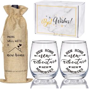 House Warming Gifts New Home, Housewarming Gift Stemless Wine Glass & Bottle Gift Bag Set for Newlywed Couple, Women, Friends, New Homeowner, Unique New Home Gift for Home, Realtor Gift for Clients