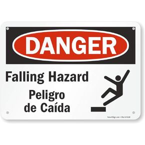 SmartSign 7 x 10 inch “Danger - Falling Hazard, Peligro De Caida" Bilingual OSHA Metal Sign, 40 mil Laminated Rustproof Aluminum, Red, Black and White