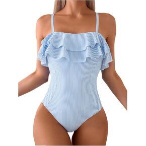 Floerns Women's One Piece Swimsuit Ruffle Trim Striped Print Monokini Swimwear