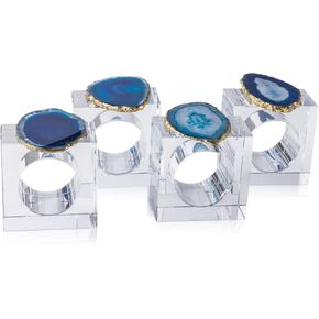 Set of 4 Natural Agate Slice Napkin Rings Gold Plated Crystal Napkin Holder for Wedding, Dinner & Decor