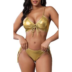 Women's Metallic Tie Front Bikini Swim Bathing Suit - Sexy 2 Piece Swimsuit Set for Rave Outfits