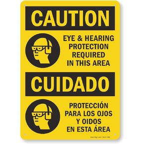 "Caution - Eye & Hearing Protection Required" Bilingual Sign By SmartSign | 10" x 14" Plastic