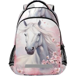 ALAZA White Horse Backpacks for Girls Kids, Cherry Floral Elementary School Bag Bookbag Dackpack
