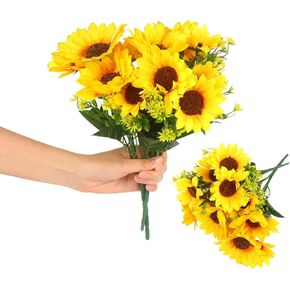 2 Bunches Artificial Sunflowers Bouquet, 3.7’’ High Realistic Flowers Silk Faux Sunflowers with Stems Great for Indoor &Outdoor Home Decor, Yard, Weddings, Party Decoration