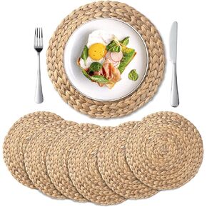 6 Pack, Round Woven Placemats, Natural Water Hyacinth Place mats, Braided Straw Table Mats for Dining Table (13.8 inch)