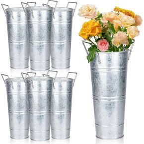 Dualshine 6 Pcs Galvanized Bucket Flower Bar, 10 Inch Flower Bucket and Metal Vase with Handles, Flower Bar Supplies and Buckets Farmhouse Vases for Wedding and Cut Flower,Balcony Garden (Silver)