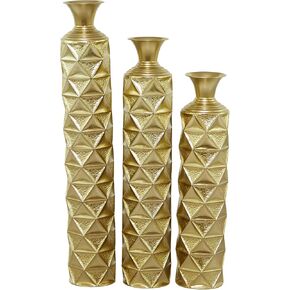 Deco 79 Metal Decorative Vase Tall Distressed Metallic Centerpiece Vases with 3D Triangle Patterns, Set of 3 Vases for Home Decoration 34", 29", 25" H, Gold