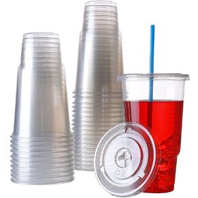 Disposable 32 oz clear Plastic Cups with Flat Lids with x hole,50 sets