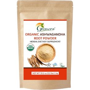 Grenera Organic Ashwagandha Powder 2.2 lbs (35.2 Ounce) (Withania somnifera) - Organic, Vegan, Kosher Certified
