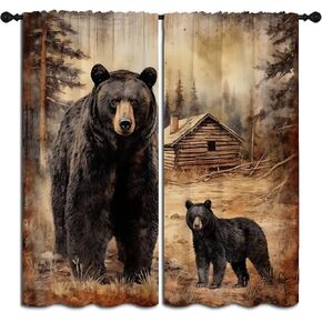 Bear Blackout Curtains for Boys Girl Bedroom Decor,Countryside Hunting Lodge Forest Wildlife Thermal Insulated Rod Pocket Drapes Darkening Window Curtain for Living Room Home 55x63 inch