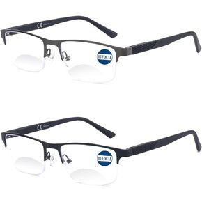 Missfive 2 Pack Mens Bifocal Reading Glasses, Wider Bottom Reading Area, Blue Light Blocking Far Near Dual-use Readers, Durable Spring Hinge Quality Metal Frame Eyeglasses 1.5x, Black & Gunmetal