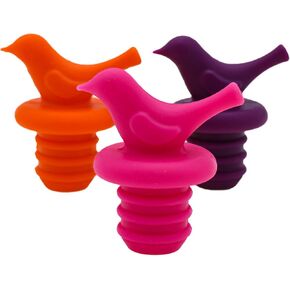 Little Bird Wine Bottle Stopper and Foldable Funnel Set by SerieCozy, Silicone, Reusable, Cute, Fun, Multiple Color, Set of 6