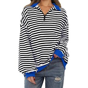 Womens Oversized Striped Color Block Sweatshirt Long Sleeve Shirt Half Zip Pullover Fall Fashion Clothing