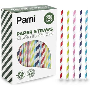 PAMI Paper Straws Assorted Colors [250- Pack] - 100% Biodegradable & Compostable Straws, PFAS-Free, For Drinking- Disposable Striped Paper Straws For Coffee Juice Cocktail- Fun Colored Party Straws