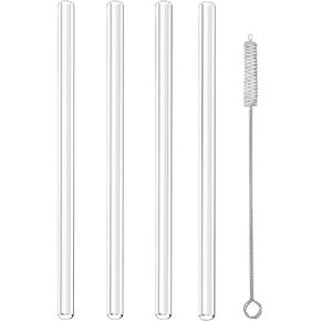 ALINK Clear Straight Glass Drinking Straws, 9" x 10 mm Reusable Smoothie Straws, Set of 4 with Cleaning Brush