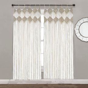 Macrame Curtains with Wooden Rings Room Divider Handmade Bohemian Window Panel for Bedroom/Doorway/Slidding Door (One Piece, Beige, 31.5 x 82.6 Inch)