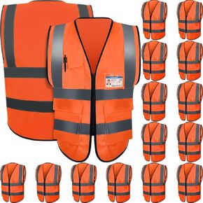 JaGely 15 Pcs Reflective Safety Vests with Pockets and Zipper, High Visibility Construction Vest for Men Women, Breathable Neon Working Vest for Outdoor Running Cycling (Fluorescent Green,Medium)